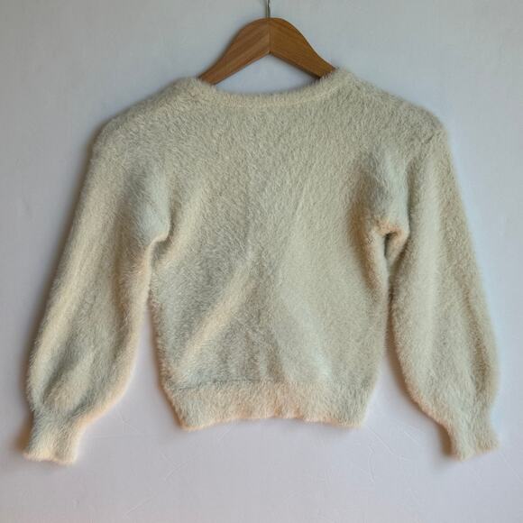 Cat and Jack Fuzzy Sparkle Cardigan Sweater Cream Youth 7/8 faux gem buttons - Picture 2 of 13